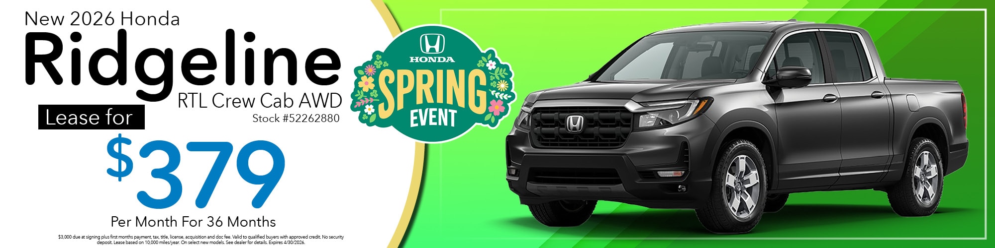 Lease a new 2026 Honda Ridgeline RTL Crew Cab AWD for $379 per month for 36 months. Stock number: 52262880