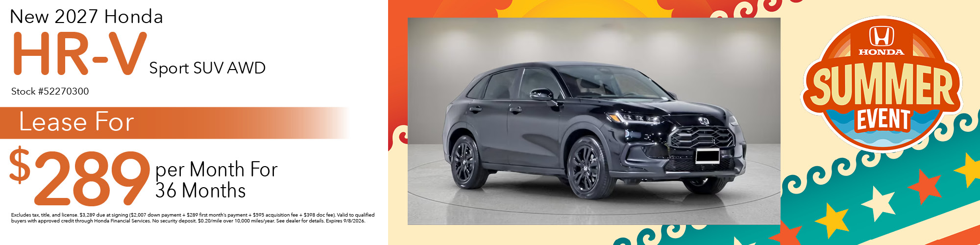 Lease a new 2027 Honda HR-V Sport SUV AWD for $289 per month for 36 months. Stock number: 52270300