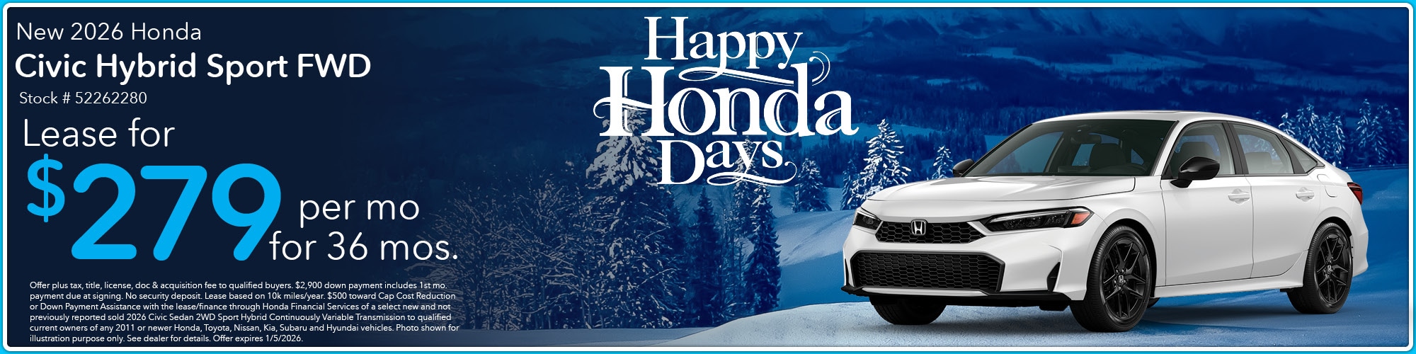 Lease a new 2026 Honda Civic Hybrid Sport FWD for $279 per month for 36 months. Stock number: 52262280