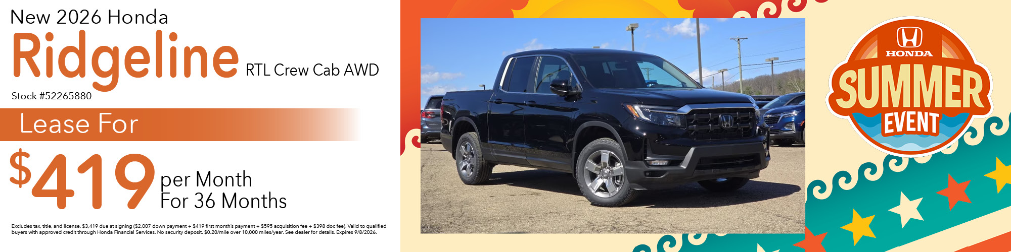 Lease a new 2026 Honda Ridgeline RTL Crew Cab AWD for $419 per month for 36 months. Stock number: 52265880