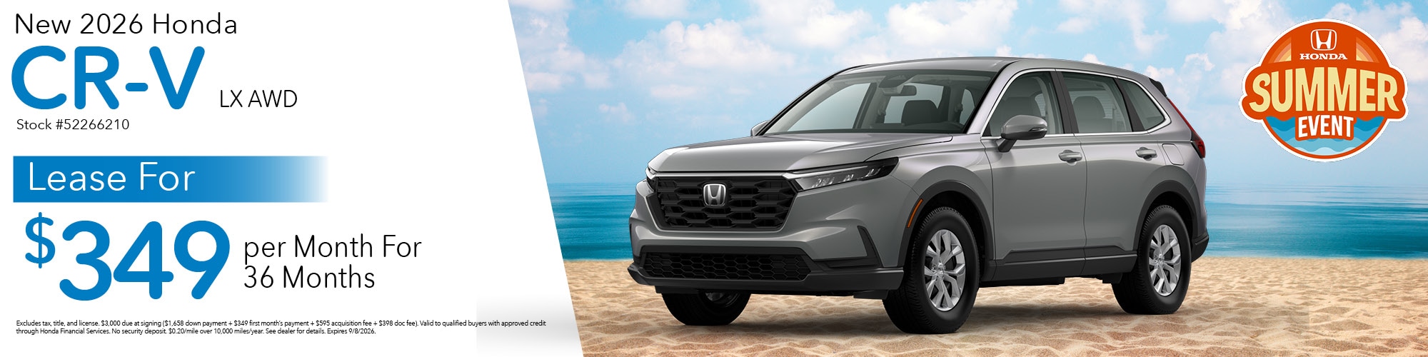Lease a new 2026 Honda CR-V LX AWD for $349 per month for 36 months. Stock number: 52266210