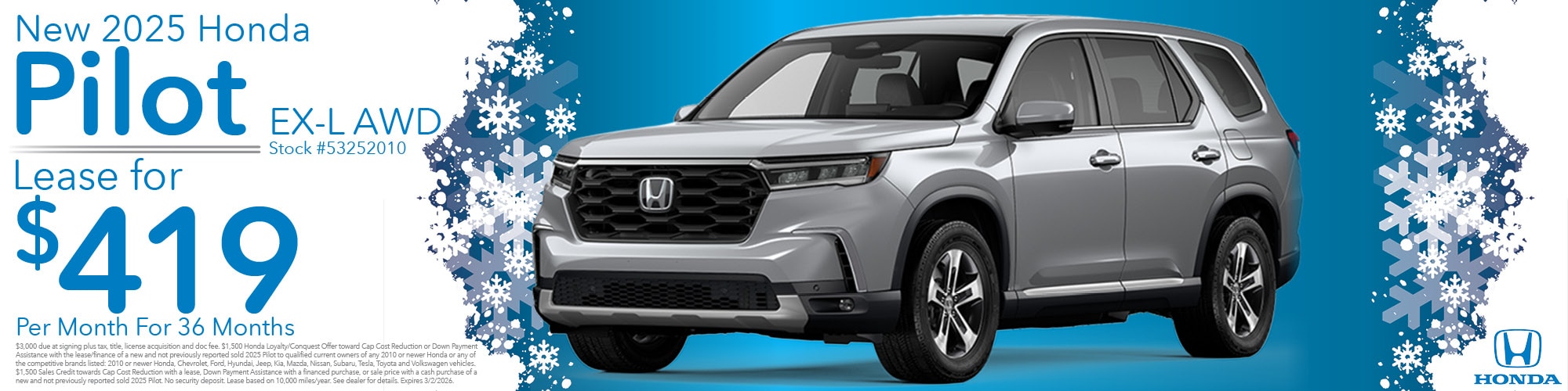 Lease a new 2025 Honda Pilot EX-L AWD for $419 per month for 36 months. Stock number: 53252010