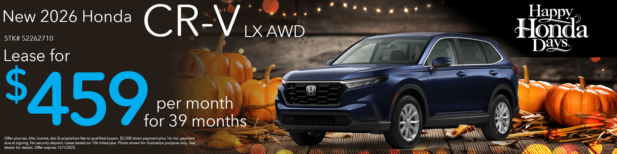 Lease a new 2026 Honda CR-V LX AWD for $459 per month for 39 months. Stock number: 52262710