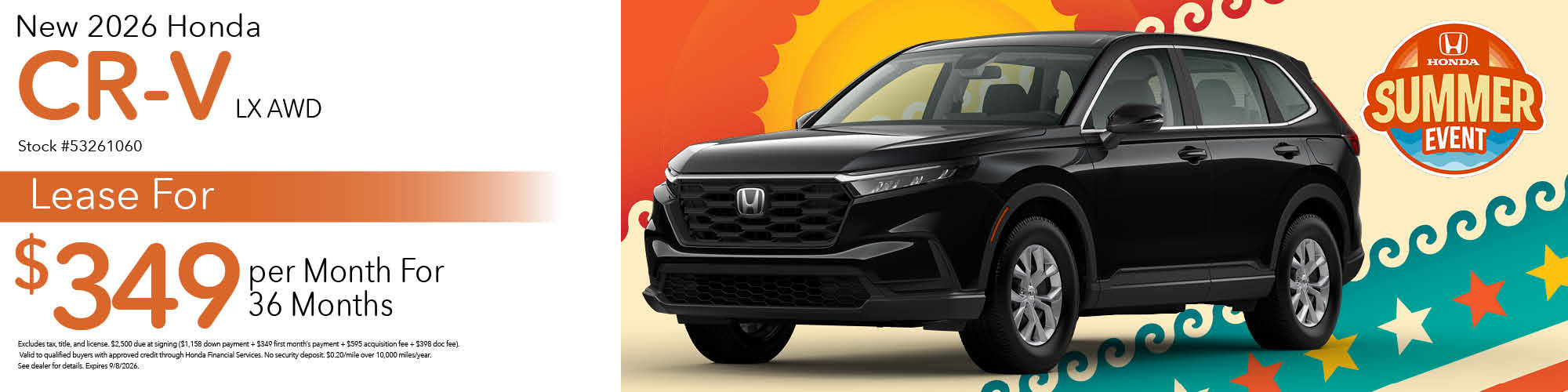Lease a new 2026 Honda CR-V LX AWD for $349 per month for 36 months. Stock number: 53261060
