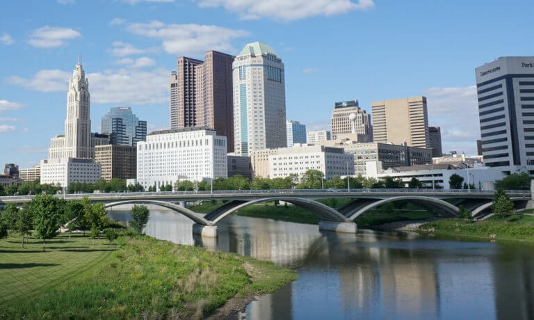 The Columbus, Ohio skyline as seen from a bridge