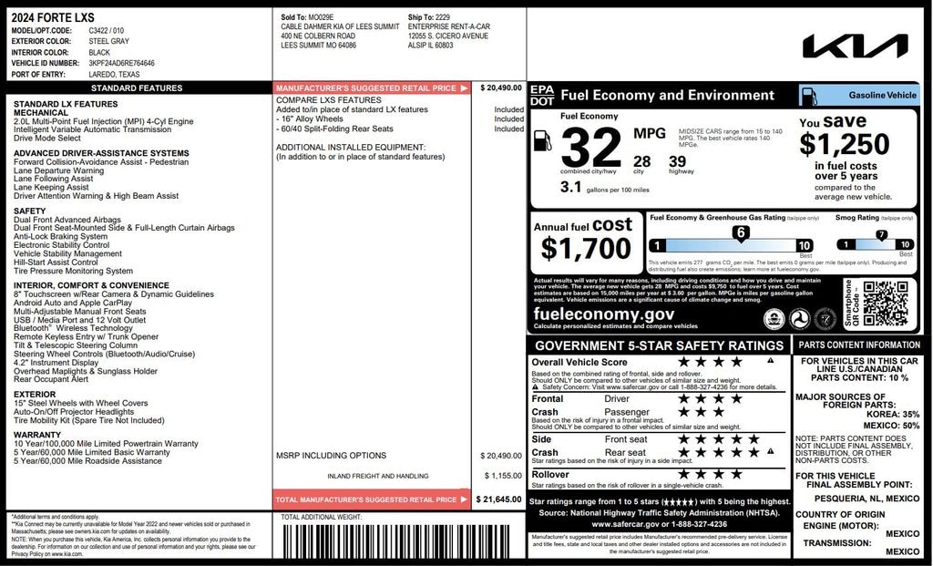 Certified 2024 Kia Forte LXS Sedan