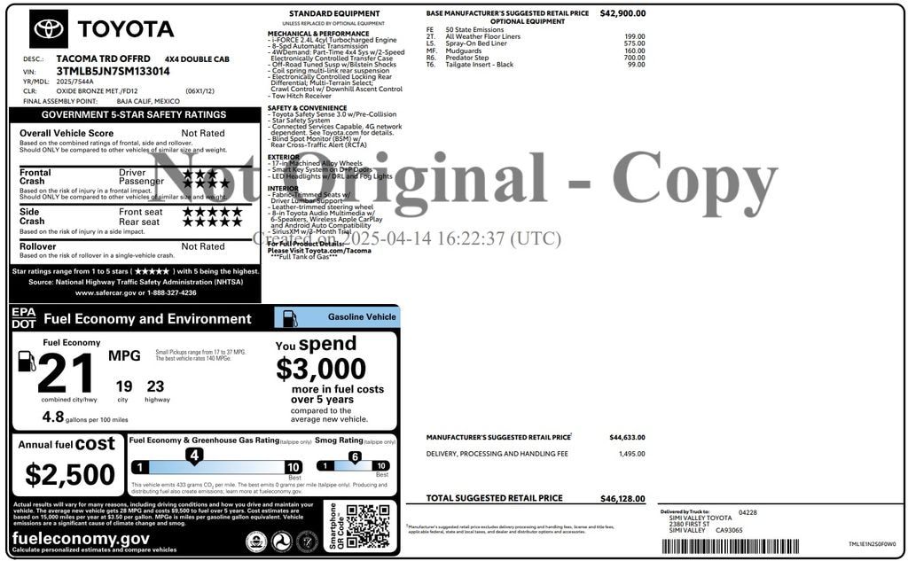 Certified 2025 Toyota Tacoma TRD Off-Road Truck