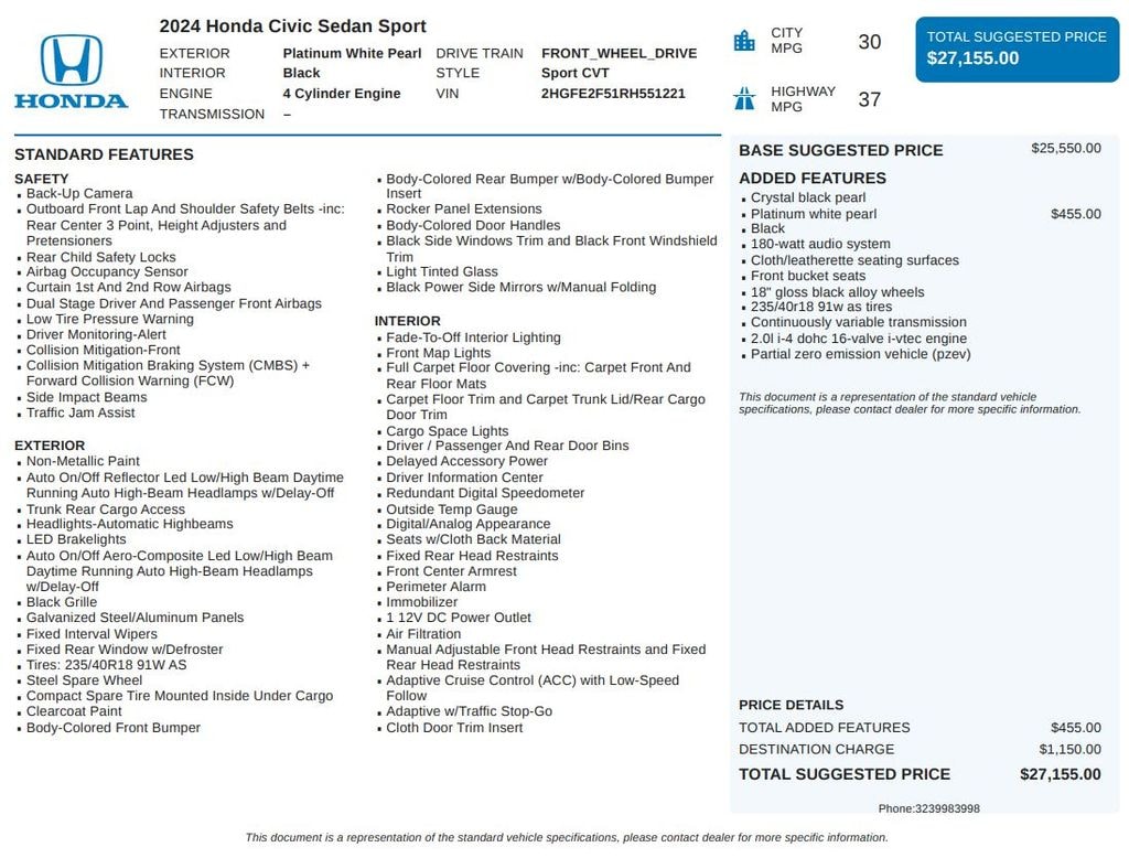 Certified 2024 Honda Civic Sport Sedan