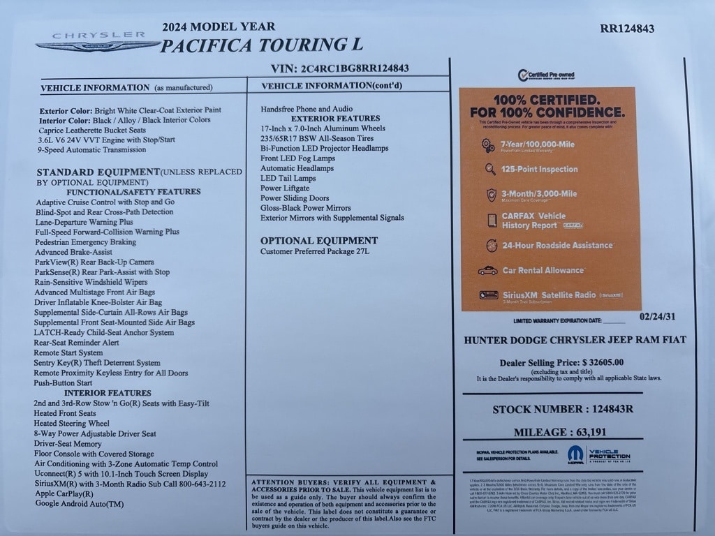 Certified 2024 Chrysler Pacifica Touring L Minivan/Van