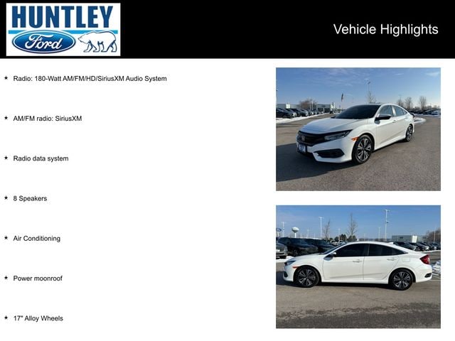 Used 2017 Honda Civic EX-L with VIN 19XFC1F72HE029191 for sale in Huntley, IL