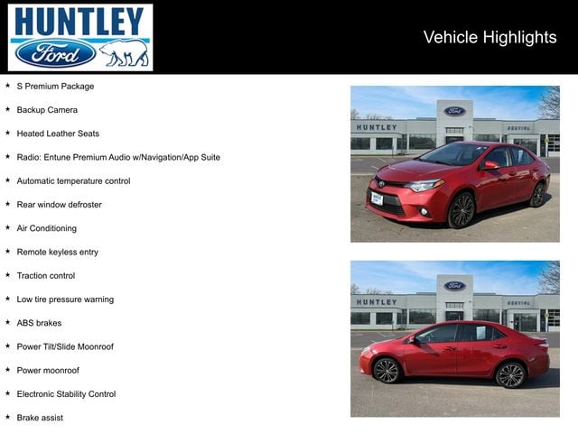 Used 2016 Toyota Corolla S Premium with VIN 2T1BURHE6GC558971 for sale in Huntley, IL