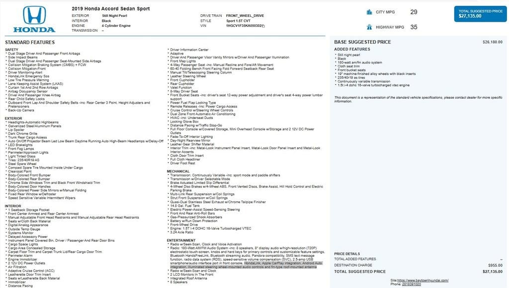 Used 2019 Honda Accord Sedan Sport 1.5T Sport 1.5T CVT