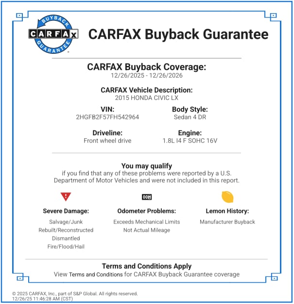 Used 2015 Honda Civic LX with VIN 2HGFB2F57FH542964 for sale in Escondido, CA
