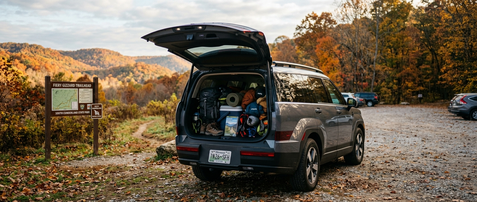 2026 Hyundai Santa Fe Hybrid at a Middle Tennessee trailhead during an autumn weekend trip