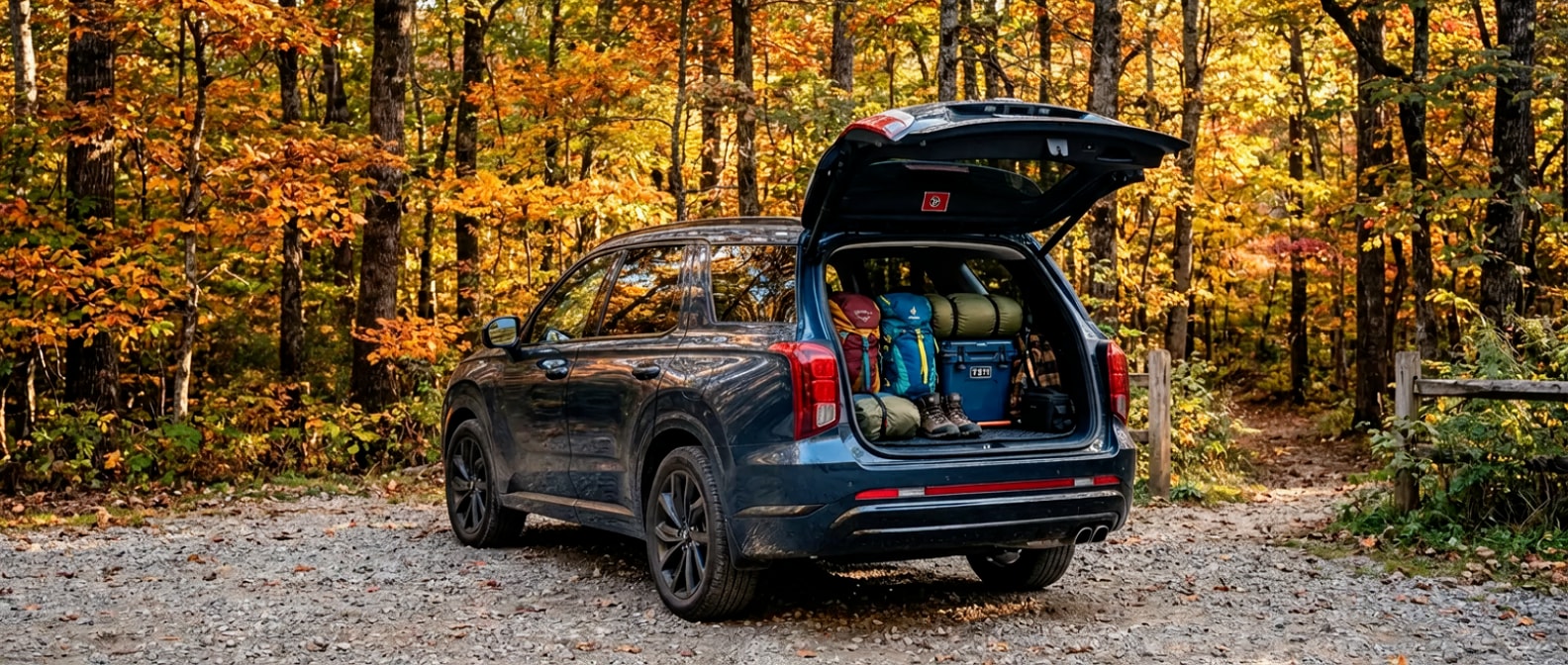 2027 Hyundai Palisade at a Tennessee state park trailhead with liftgate open and weekend gear loaded, fall foliage in background