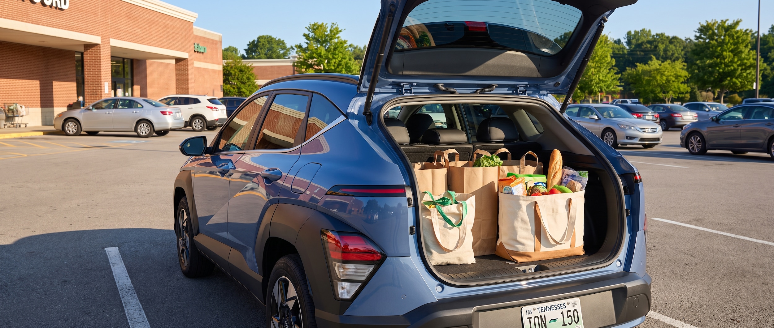 A 2026 Hyundai Kona hatchback with rear liftgate open, cargo area visible with a mix of grocery bags and a large reusable tote loaded inside, parked in a sunny suburban shopping center parking lot in Middle Tennessee, summer light