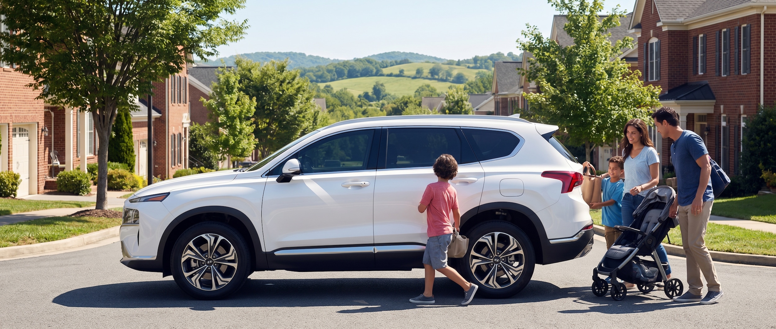 Hyundai Santa Fe family SUV parked near I-40 corridor in Nashville, TN with scenic Tennessee hills in background
