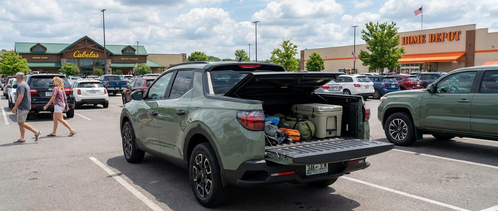 2026 Hyundai Santa Cruz with tailgate down and under-bed storage open at a suburban Nashville-area store parking lot