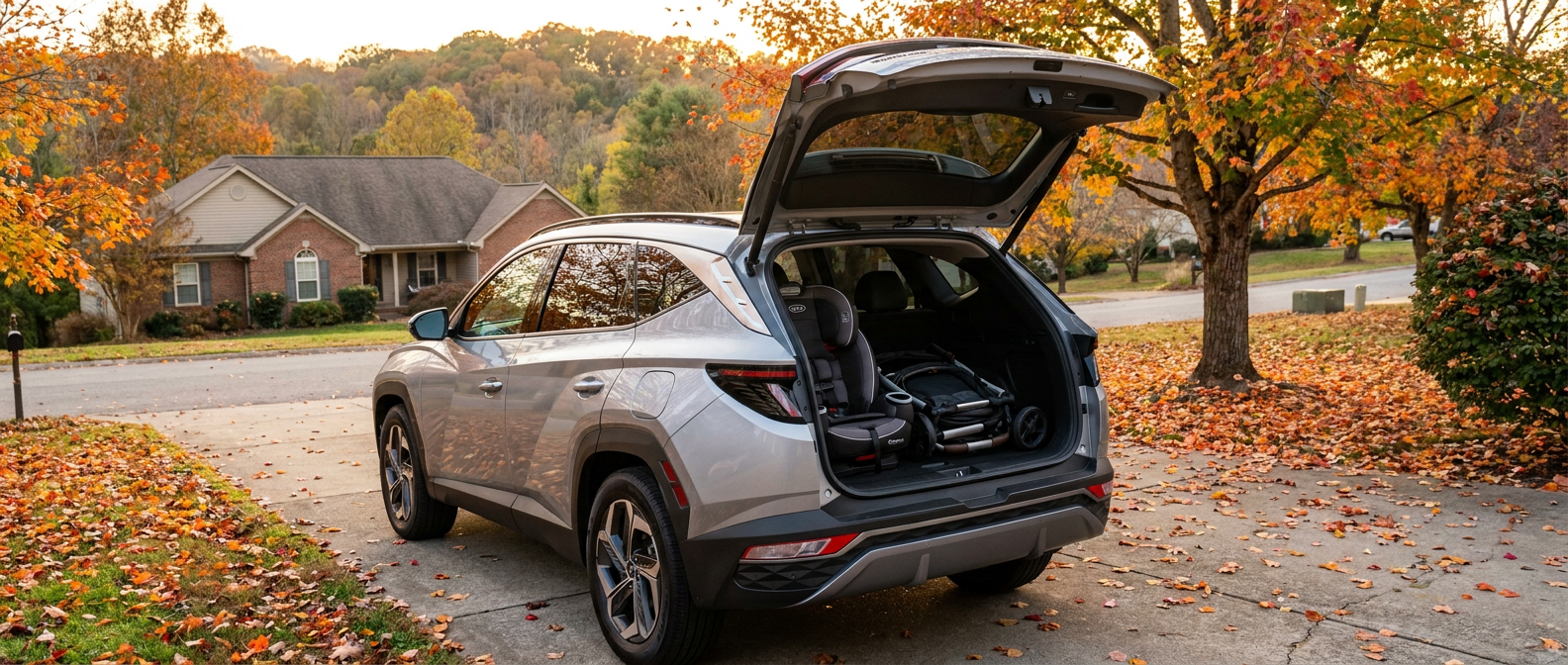 2026 Hyundai Tucson Hybrid rear hatch open with child car seat installed in back row, suburban La Vergne Tennessee setting