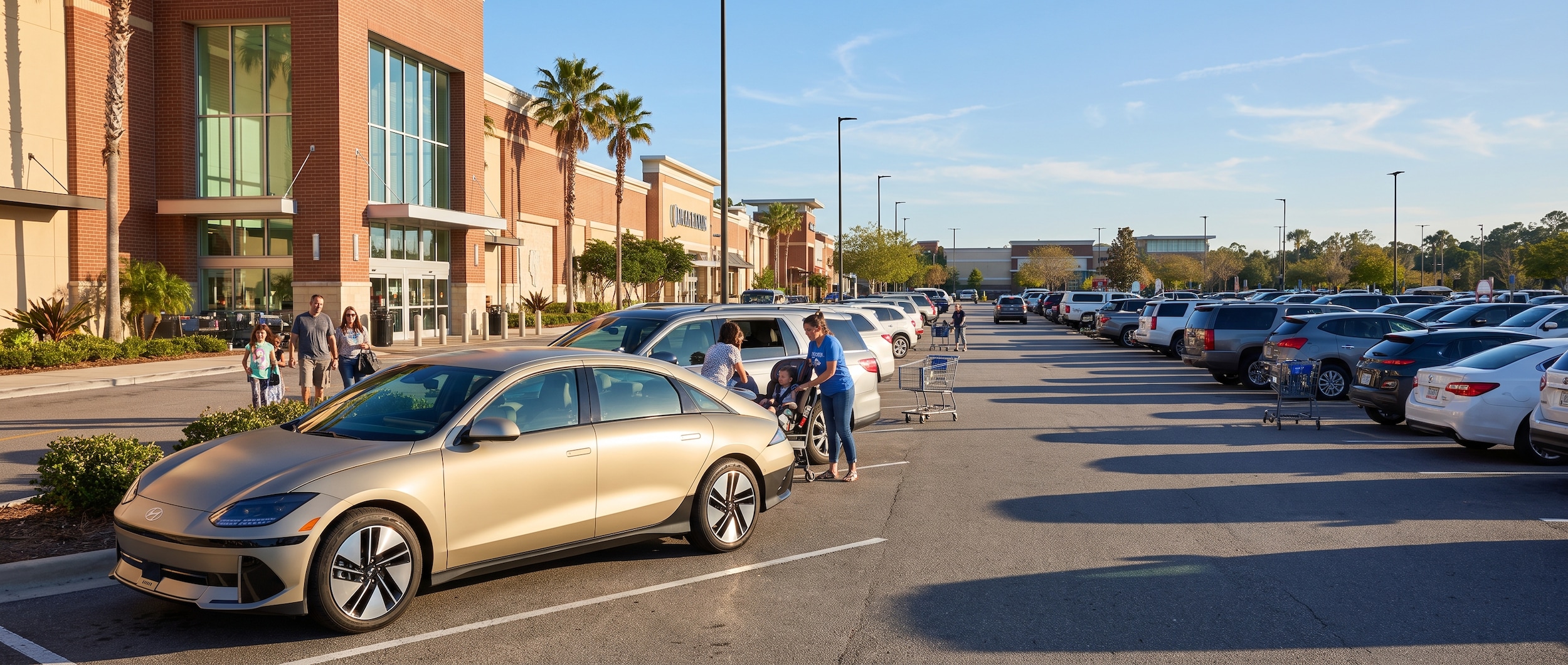A 2025 Hyundai IONIQ 6 sedan in Gravity Gold Matte parked on a sunny summer afternoon in a large Nashville-area outlet mall parking lot, clear Tennessee sky above, family-friendly daytime setting