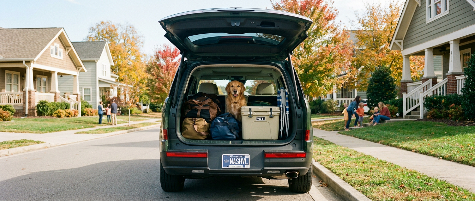 2026 Hyundai Santa Fe rear liftgate open with sports gear and family cargo loaded, South Nashville suburban setting