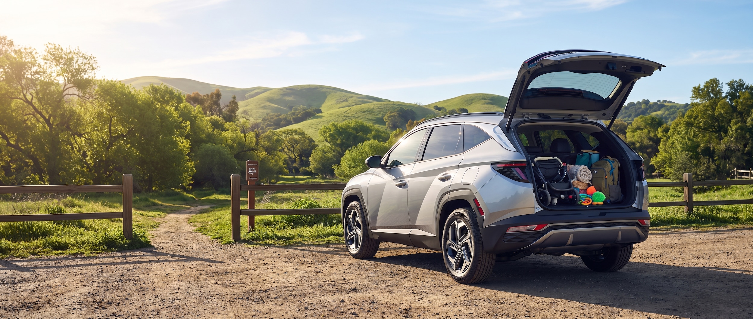 A 2026 Hyundai Tucson Hybrid in silver or blue parked near a green park trailhead in Brentwood, Tennessee on a bright summer morning, rear liftgate open showing loaded cargo area with kids' gear, rolling Tennessee hills in the background