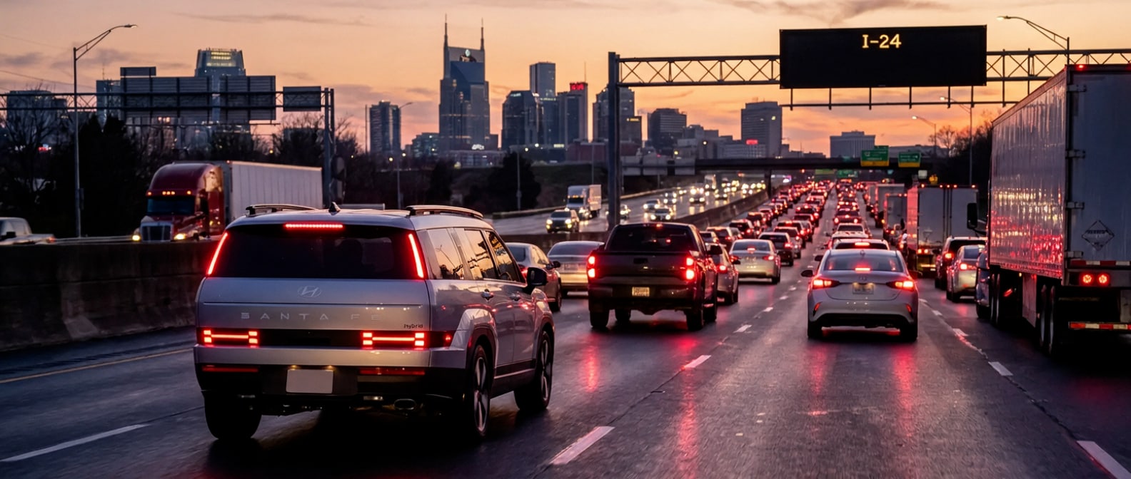 2026 Hyundai Santa Fe Hybrid on congested I-24 near Nashville, Tennessee at dusk