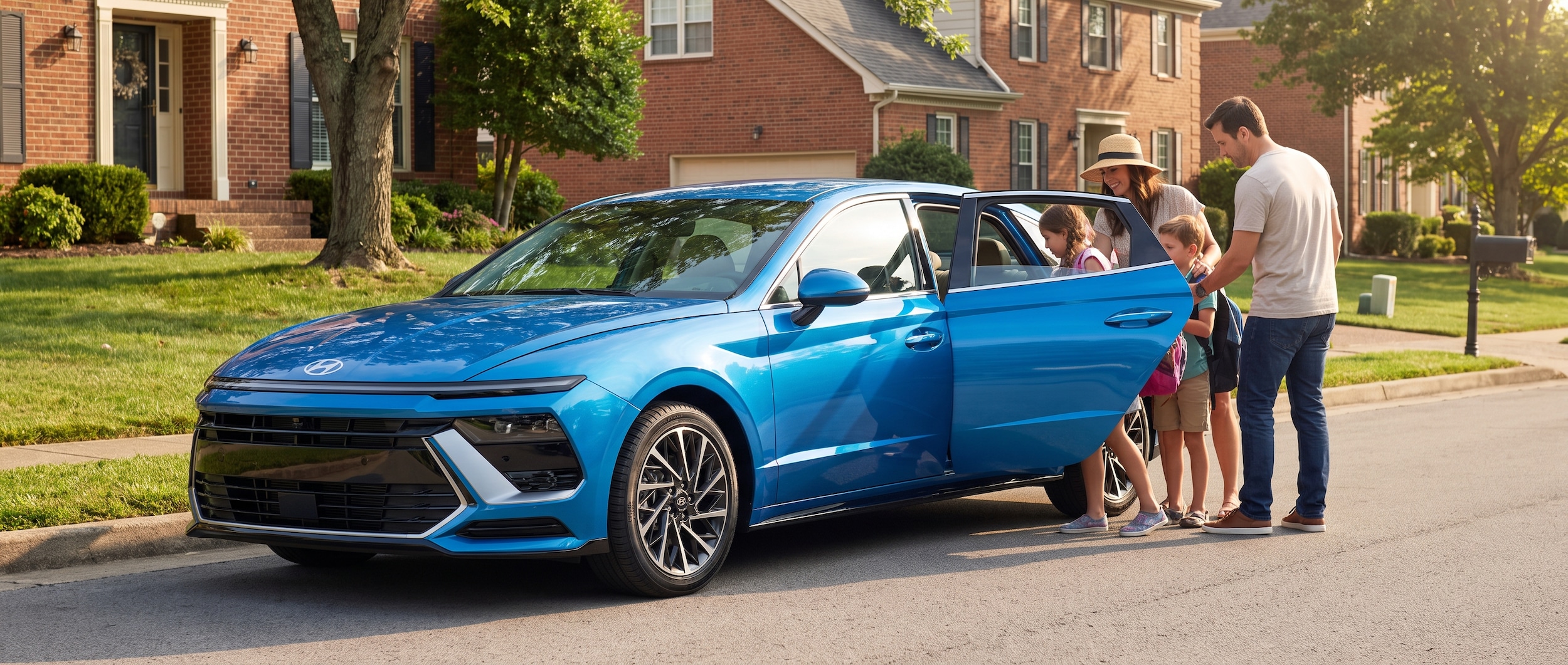 A 2026 Hyundai Sonata in Smyrna, Tennessee, a family sedan photographed from a three-quarter front angle in a suburban setting, summer light, with rear doors open suggesting a family loading in, bright midsize sedan body with modern front fascia