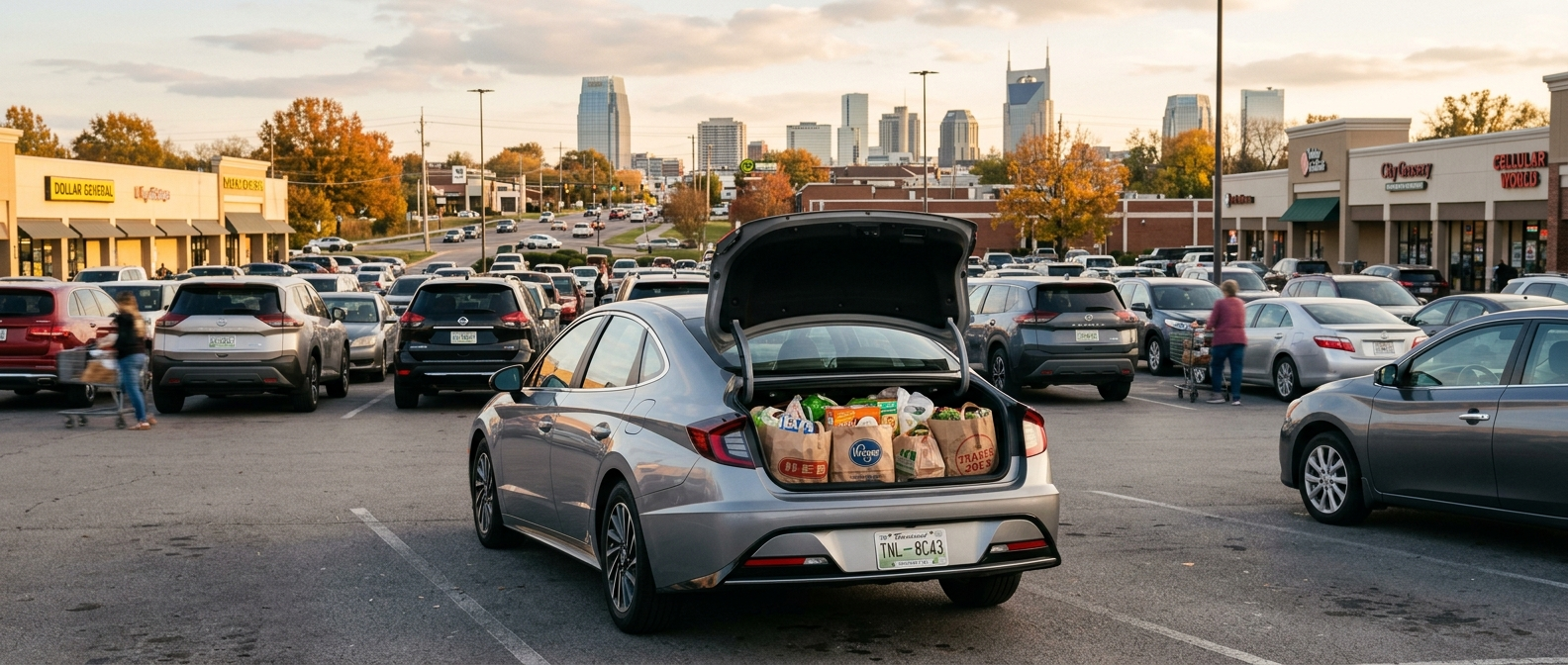 2026 Hyundai Sonata Hybrid trunk open with groceries loaded in a South Nashville parking lot
