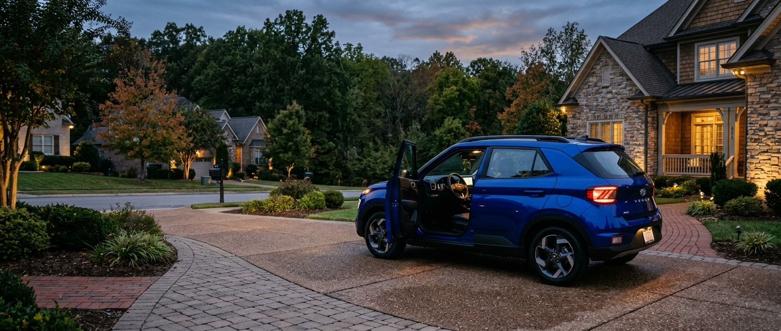 2026 Hyundai Venue dashboard with SmartSense safety indicators lit at dusk in a Nashville-area driveway