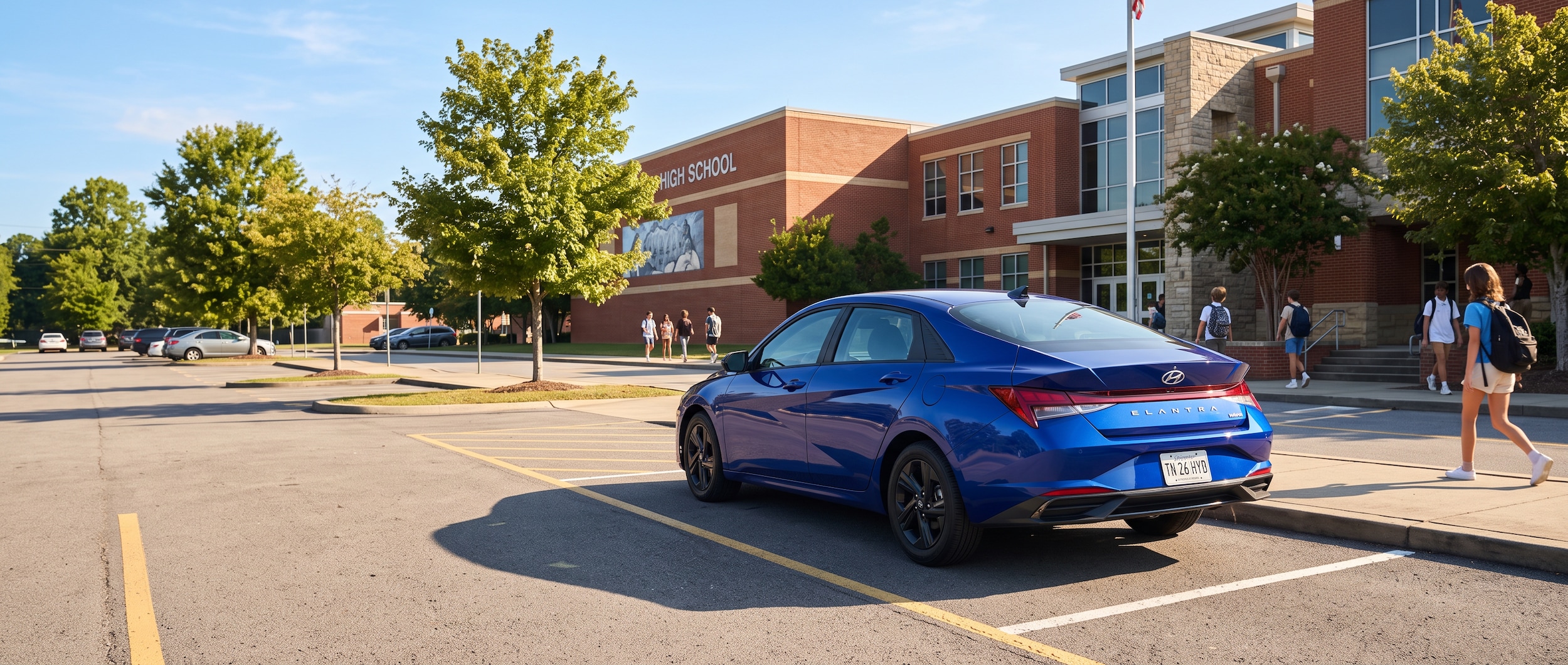 A 2026 Hyundai Elantra Hybrid in a bold color parked in front of a Nashville high school on a sunny August morning, backpack visible in the back seat through the rear window, Tennessee summer light casting long shadows across the parking lot