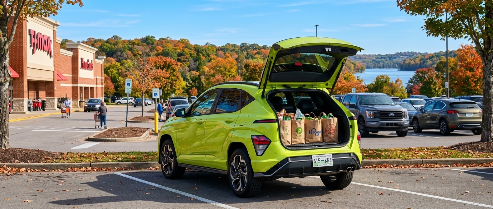 2026 Hyundai Kona hatch open with groceries loaded in a Nashville shopping center near Percy Priest Lake