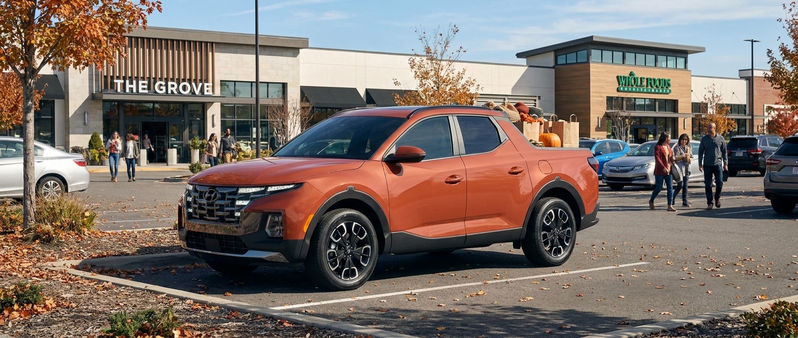 2026 Hyundai Santa Cruz with shopping bags in the truck bed at an open-air outlet center parking lot in Antioch Tennessee