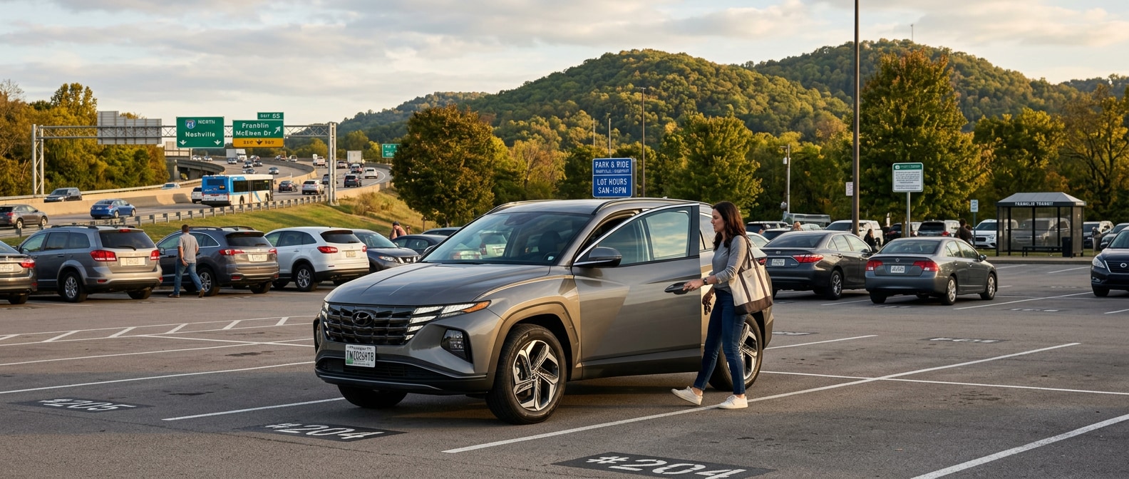 2026 Hyundai Tucson Hybrid at a Nashville-area I-65 park-and-ride lot with suburban hills in the background