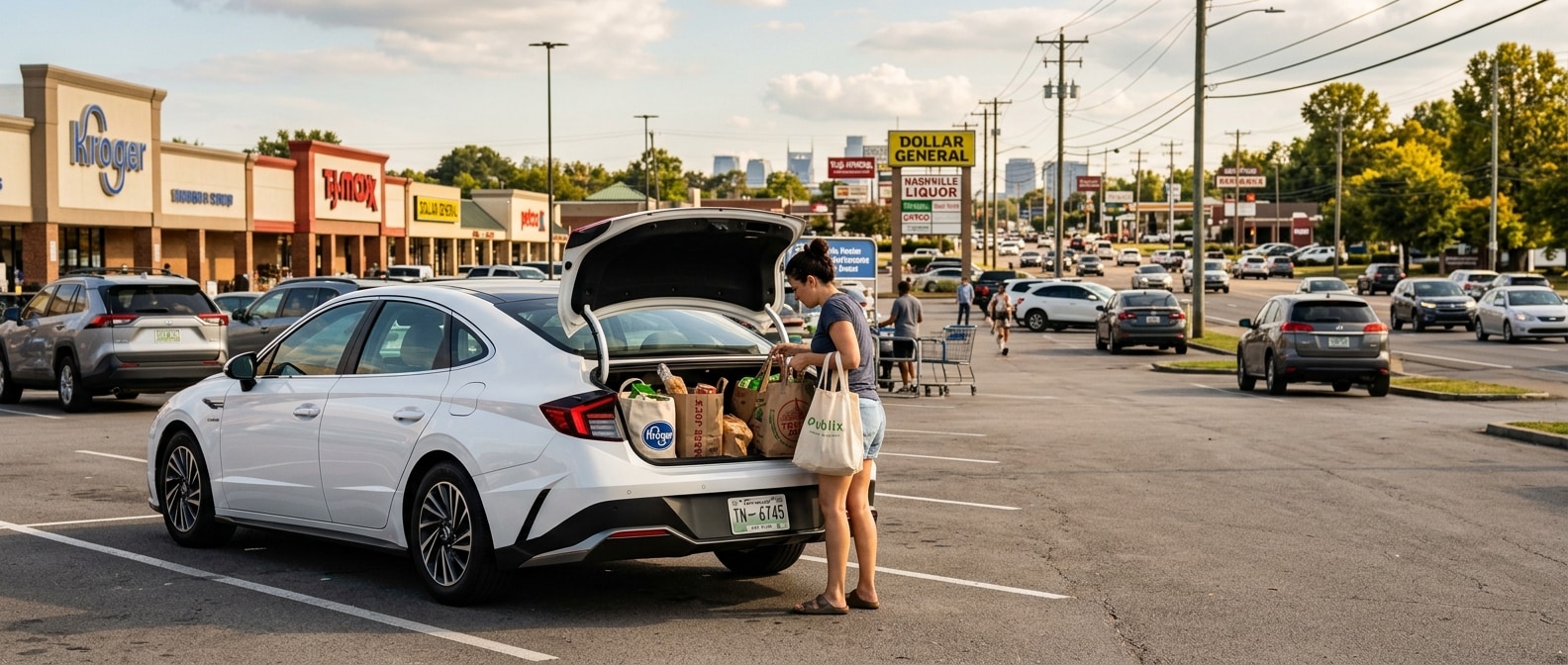 2026 Hyundai Sonata Hybrid trunk open with groceries in a Nashville shopping center parking lot on Murfreesboro Pike