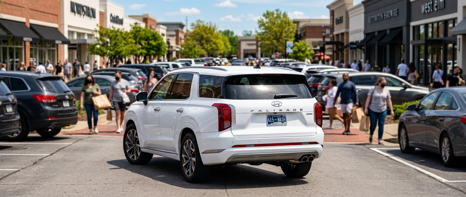2026 Hyundai Palisade in a busy Nashville shopping mall parking lot near Opry Mills