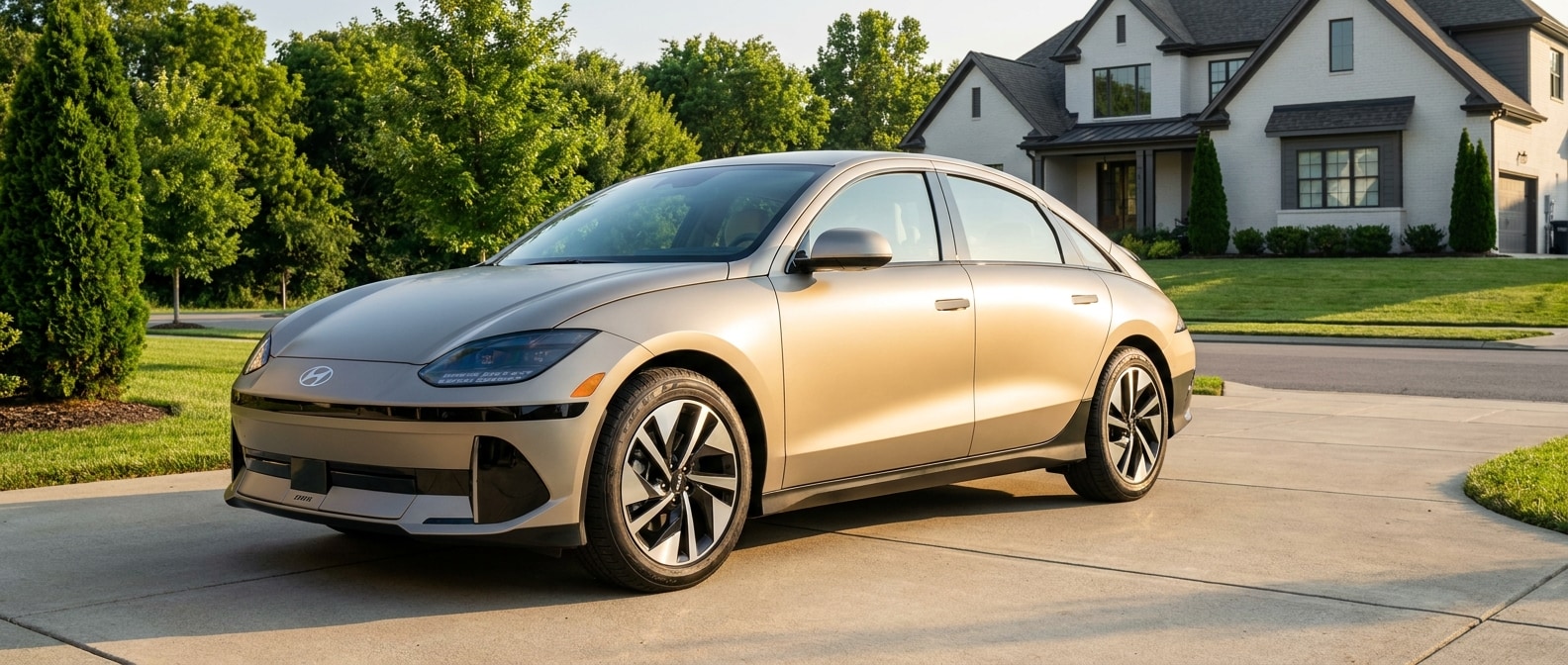 2025 Hyundai IONIQ 6 in Gravity Gold Matte parked in Brentwood, Tennessee suburban driveway on a summer afternoon