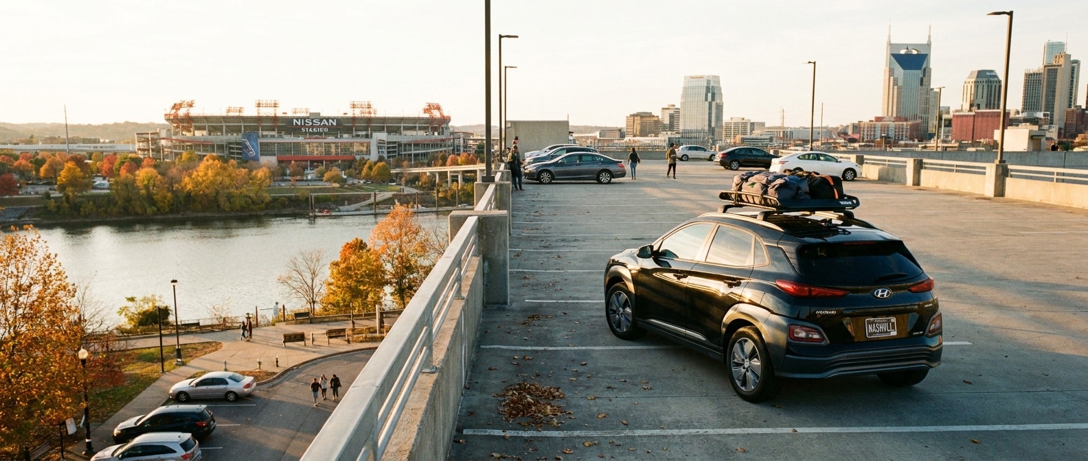 Hyundai Kona Electric parked near Nissan Stadium in Nashville, Tennessee