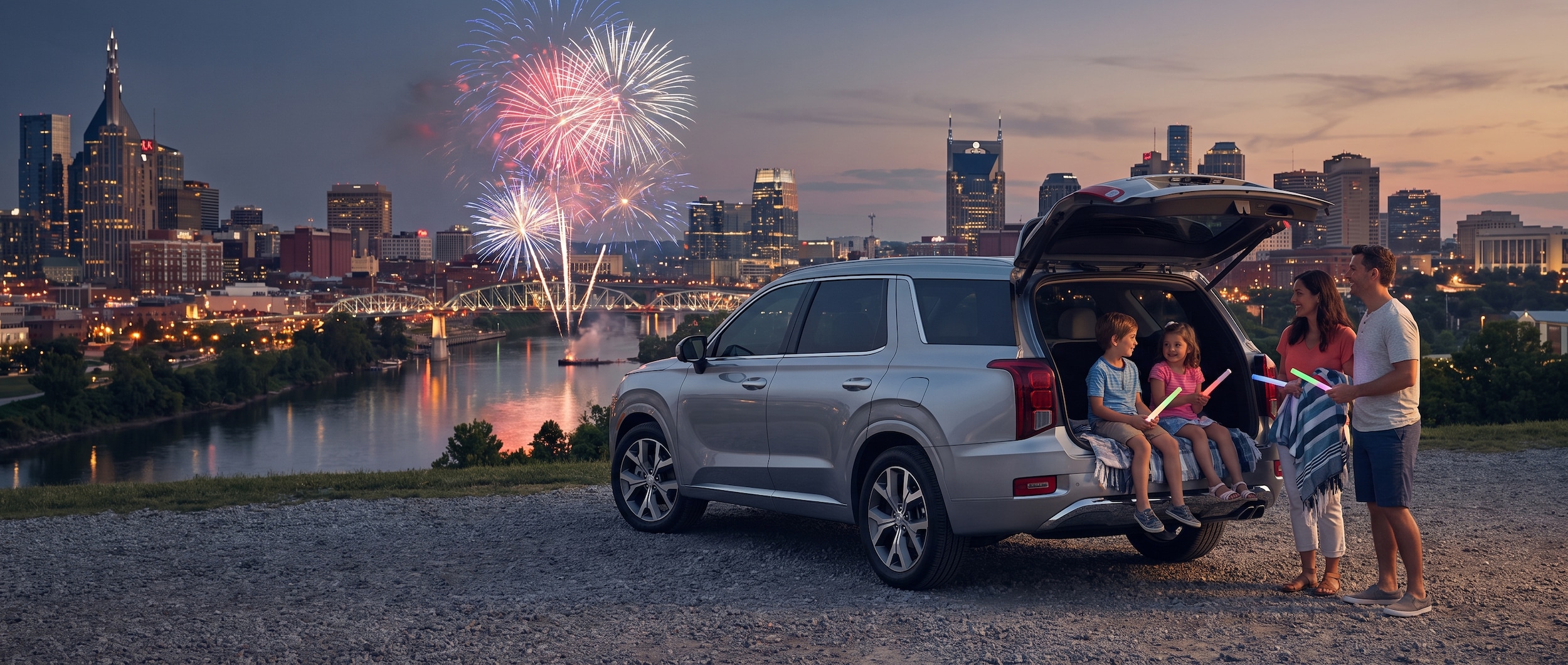 A silver or blue Hyundai Palisade three-row SUV parked on an elevated lot at dusk with a glowing downtown Nashville skyline visible in the background, fireworks bursting over the Cumberland River, summer evening lighting, cinematic and family-oriented mood.