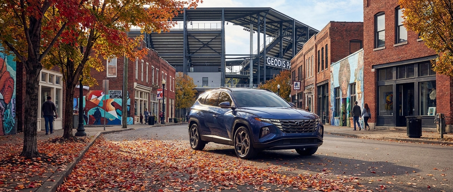 2026 Hyundai Tucson Hybrid parked near Geodis Park in Nashville's Wedgewood-Houston neighborhood