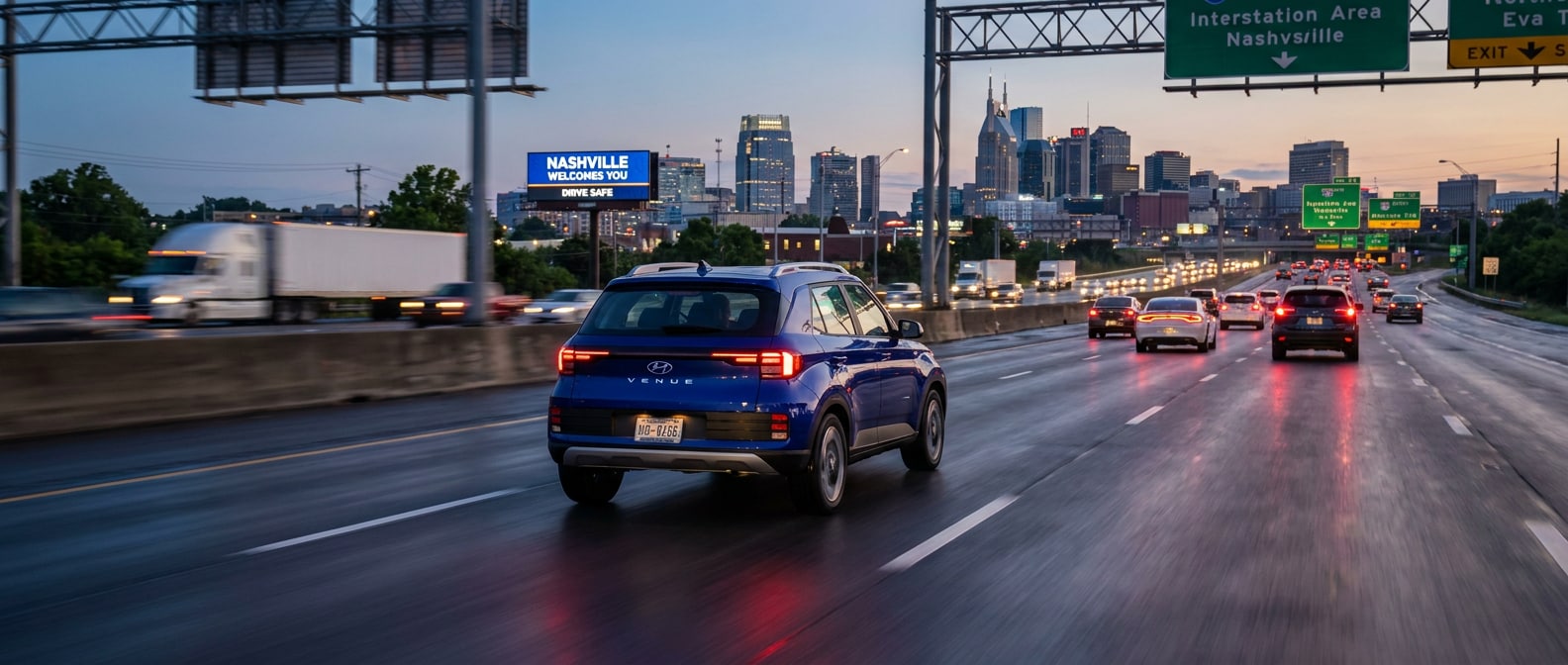 2026 Hyundai Venue on a Nashville interstate near Antioch at dusk in summer