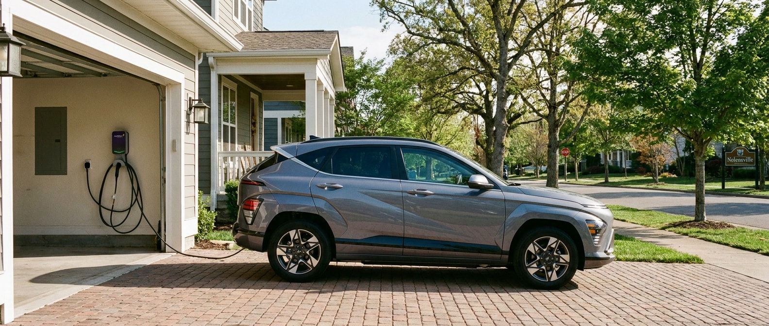 Hyundai Kona Electric charging in a Nolensville driveway before the morning commute into Nashville