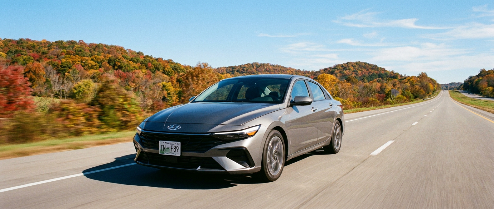 2026 Hyundai Elantra driving east on I-40 through Middle Tennessee fall foliage