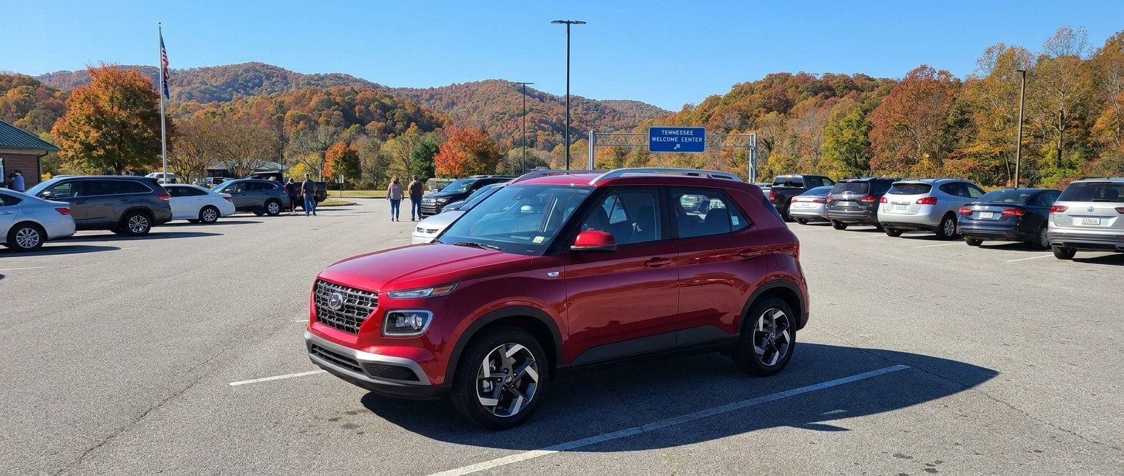2026 Hyundai Venue SEL on I-40 in Tennessee during a fall road trip
