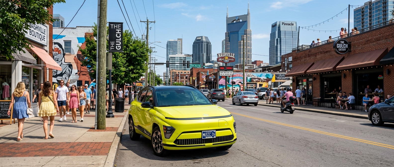 A 2026 Hyundai Kona Electric in a vibrant urban color parked on a lively Nashville street near The Gulch, with the downtown skyline visible in the background on a bright summer day