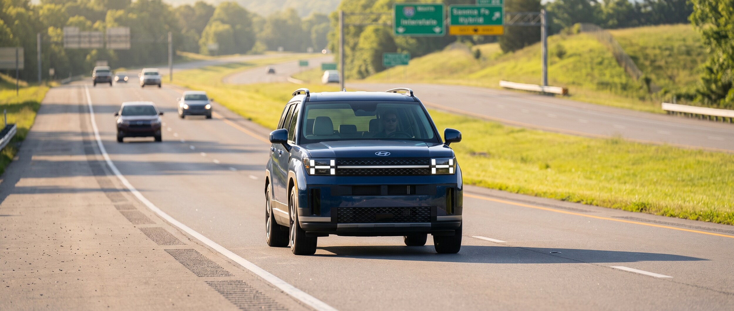 A 2026 Hyundai Santa Fe Hybrid in a silver or dark blue finish driving on a multi-lane interstate in Middle Tennessee, morning light, light traffic visible ahead, green highway signage in the background