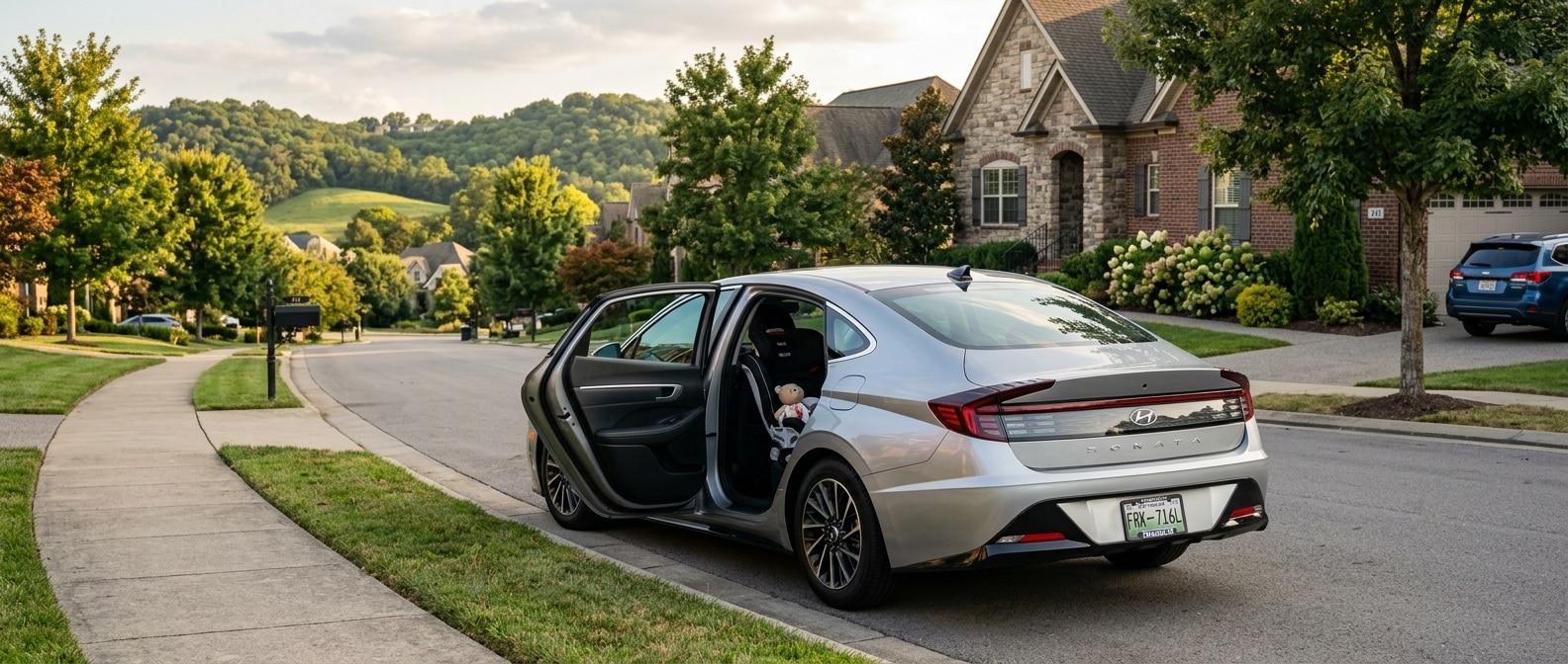 2026 Hyundai Sonata rear door open with child safety seat installed, Franklin Tennessee suburban neighborhood