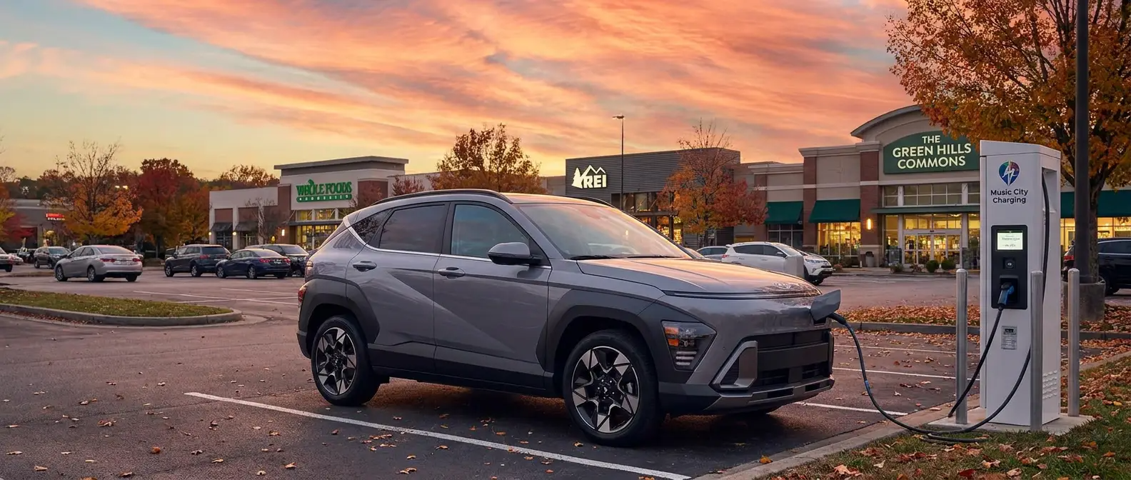 2025 Hyundai Kona Electric charging at a public station near Antioch, TN