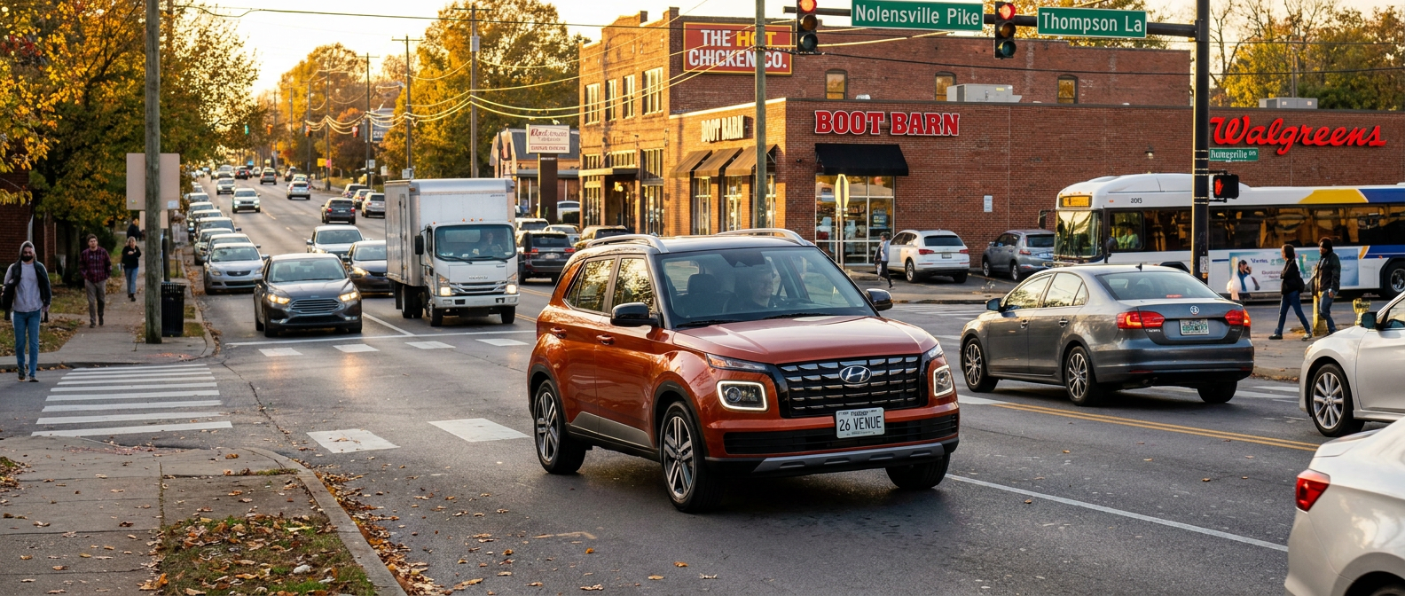 2026 Hyundai Venue driving through busy South Nashville intersection on Nolensville Pike