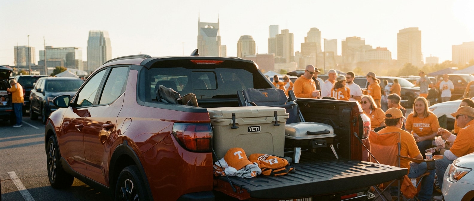 2026 Hyundai Santa Cruz with tailgate down and gear loaded for Nashville Titans game-day tailgating